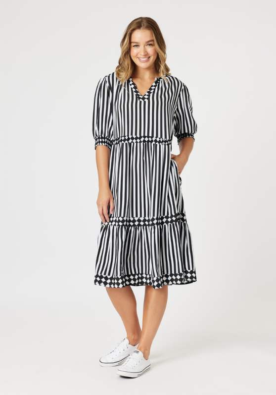 Threadz Harlequin Stripe Tier Dress